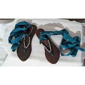 Sable Cloud Teal Wrap Around Faux Leather Fabric Thong Sandals Beaded (40) 8.5